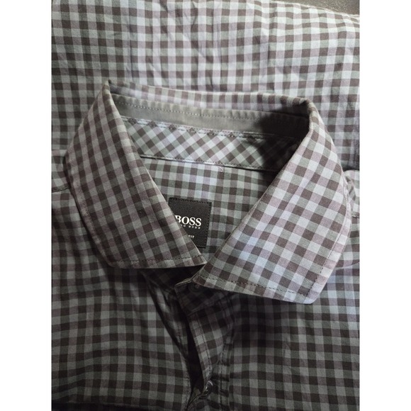 BOSS Hugo Boss Shirt Mens‎ Large Gray Black Gingham Check Slim Fit Button Up - Picture 5 of 11